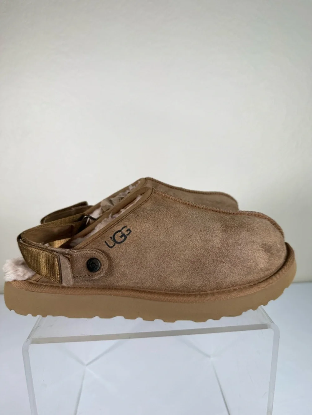 UGG Lanah Chestnut Suede Leather Platform Clogs Mules Fur Lined Slippers Size 9 - Picture 5 of 13